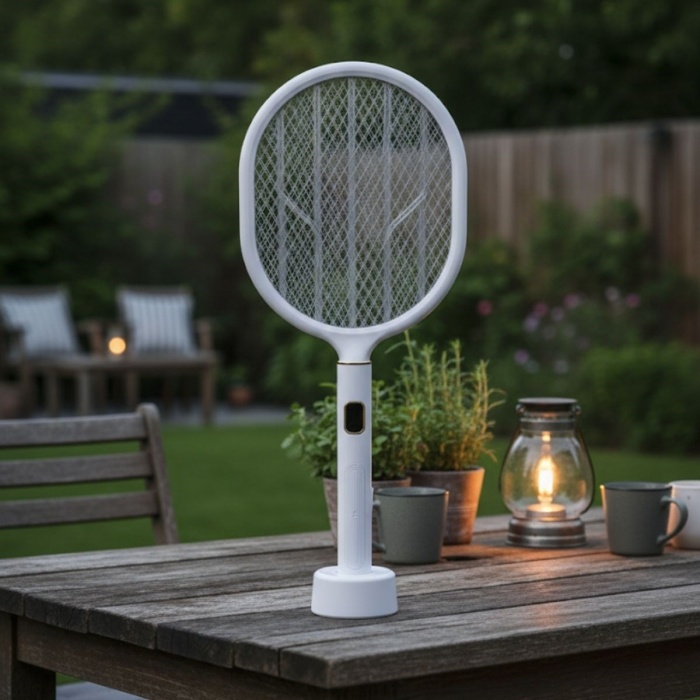 USB Şarjlı Beyaz Renk Kendiliğinden Standlı Şarj Göstergeli UV Işıklı Sinek Öldürme Raketi LTD-718 (5343)