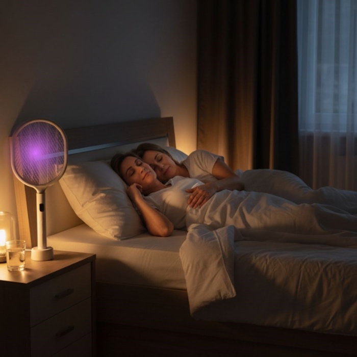 USB Şarjlı Beyaz Renk Kendiliğinden Standlı Şarj Göstergeli UV Işıklı Sinek Öldürme Raketi LTD-718 (5343)