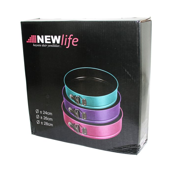 3 PARÇA  YUVARLAK - RENKLİ KELEPÇELİ METAL KEK KALIP 24-26-28CM (5343)
