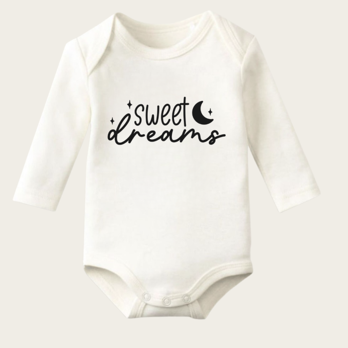 Sweet Dreams Yazı Temalı Baskılı Pamuklu Uzun Kollu Çıtçıtlı Bebek Body Zıbın Atlet Tulum