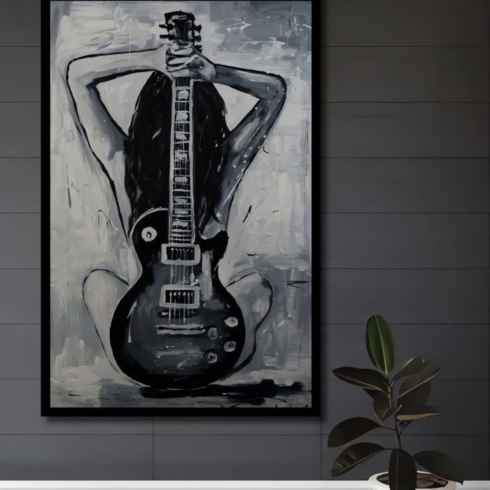 Çerçeve Görünümlü Dekoratif Ahşap Kare Gitar Ve Kadın Tablosu Ev/Ofis/İşyeri Tablo