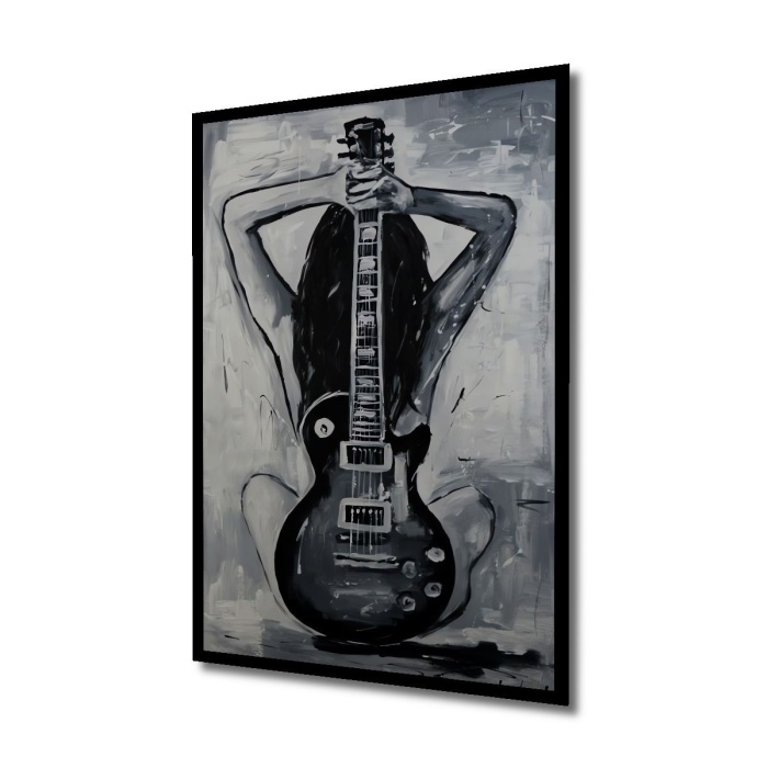 Çerçeve Görünümlü Dekoratif Ahşap Kare Gitar Ve Kadın Tablosu Ev/Ofis/İşyeri Tablo