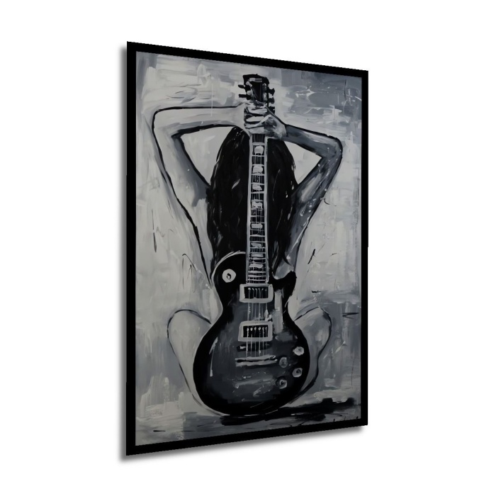 Çerçeve Görünümlü Dekoratif Ahşap Kare Gitar Ve Kadın Tablosu Ev/Ofis/İşyeri Tablo