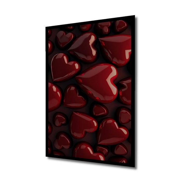 Çerçeve Görünümlü Dekoratif Ahşap Kare Kırmızı Kalpler Tablosu Ev/Ofis/İşyeri Tablo