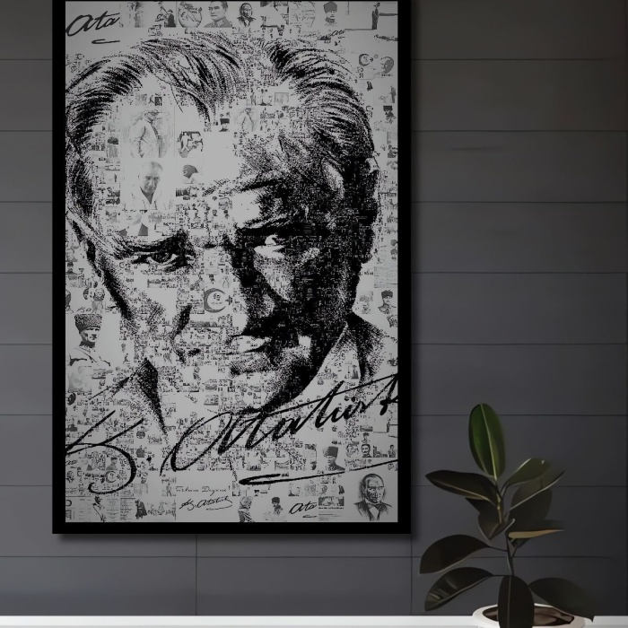 Çerçeve Görünümlü Dekoratif Ahşap Kare Atatürk Kolaj Tablosu Ev/Ofis/İşyeri/Salon/Mutfak/Banyo Tablo
