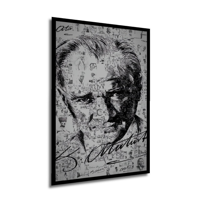 Çerçeve Görünümlü Dekoratif Ahşap Kare Atatürk Kolaj Tablosu Ev/Ofis/İşyeri/Salon/Mutfak/Banyo Tablo