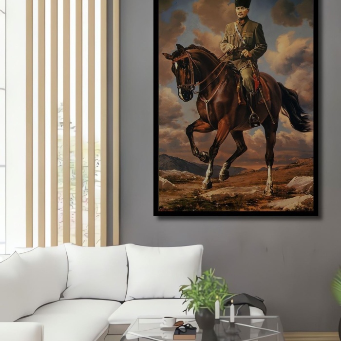 Çerçeve Görünümlü Dekoratif Ahşap Kare Atatürk Ata Binmiş Tablosu Ev/Ofis/İşyeri Tablo