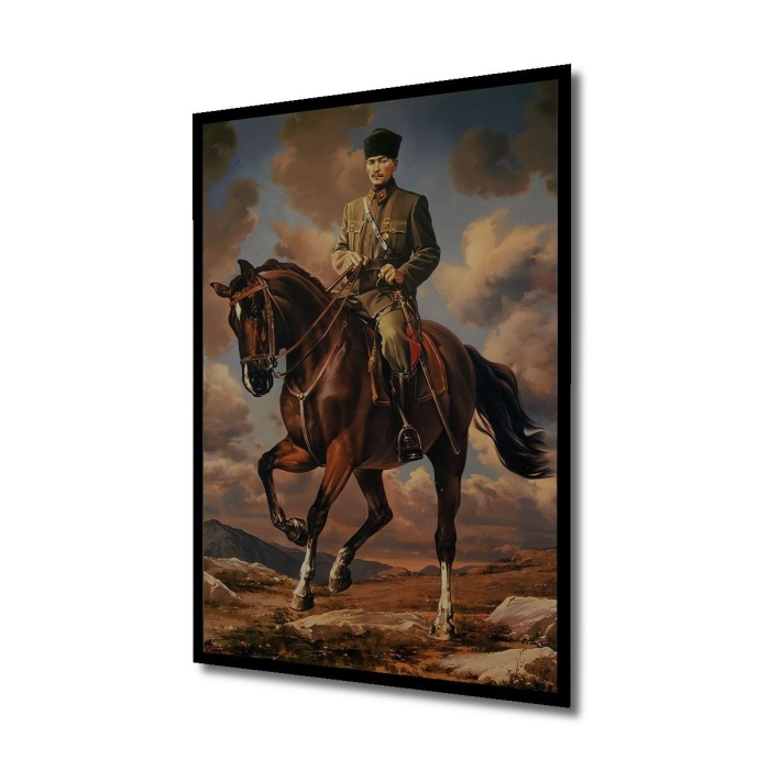 Çerçeve Görünümlü Dekoratif Ahşap Kare Atatürk Ata Binmiş Tablosu Ev/Ofis/İşyeri Tablo