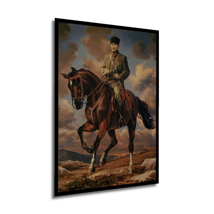 Çerçeve Görünümlü Dekoratif Ahşap Kare Atatürk Ata Binmiş Tablosu Ev/Ofis/İşyeri Tablo