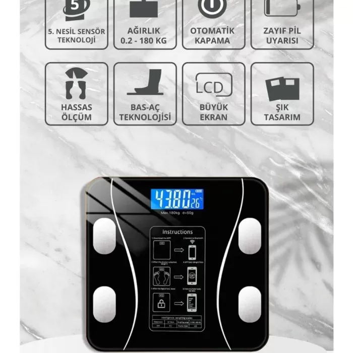 Yağ Ölçer Fonksiyonlu Dijital Baskül Elektronik Tartı Akıllı Bluetooth Lcd Dijital Ekran Ev Vücut (5343)