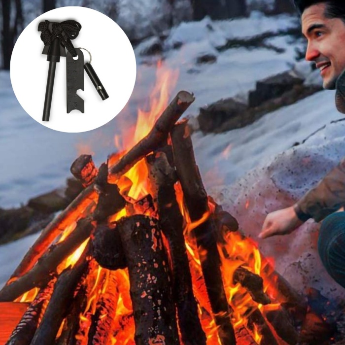 Acil Durum Magnezyum Çubuk Çakmaktaşı Hayatta Kalma Ateş Başlatıcı Çakmak Kiti Düdük Hediyeli (5343)