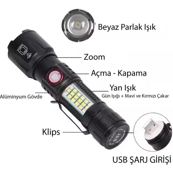 WS-2828 Ultra USB Şarjlı Polis El Feneri, Bekçi, Asker El Feneri Kırmızı Mavi Çakarlı 1000 Lümen (5343)