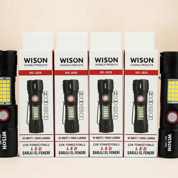 WS-2828 Ultra USB Şarjlı Polis El Feneri, Bekçi, Asker El Feneri Kırmızı Mavi Çakarlı 1000 Lümen (5343)
