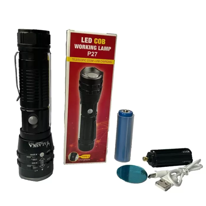 P27 Şarjlı LED Metal El Feneri 1000 Lümen Çakarlı (5343)