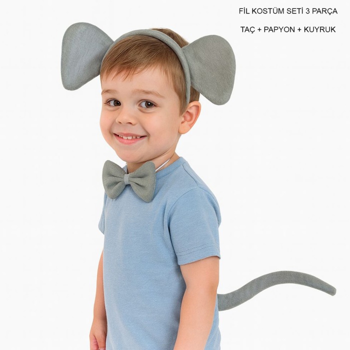 Fil Kostümü Aksesuar Seti 3 lü - Taç Papyon Kuyruk (5343)