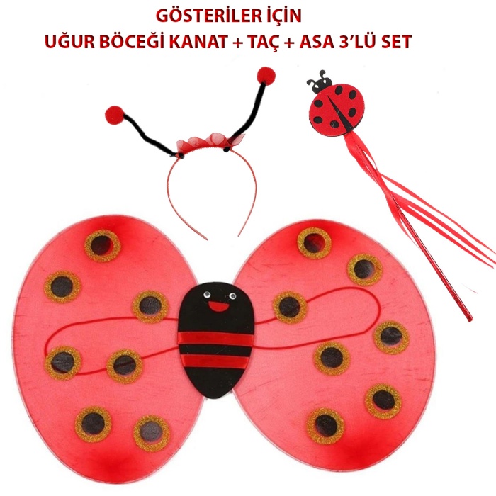 Çocuk Gösteri İçin Uğur Böceği Kanat + Taç + Asa 3&amp;apos;lü Kostüm Seti (5343)