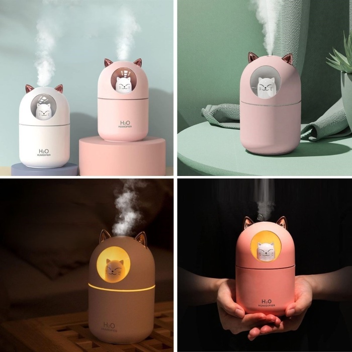 Kedicik Figürlü Hava Nemlendirici – Ultrasonik Soğuk Buhar Makinesi, LED Işıklı Masaüstü Oda Nemlendirici (5343)