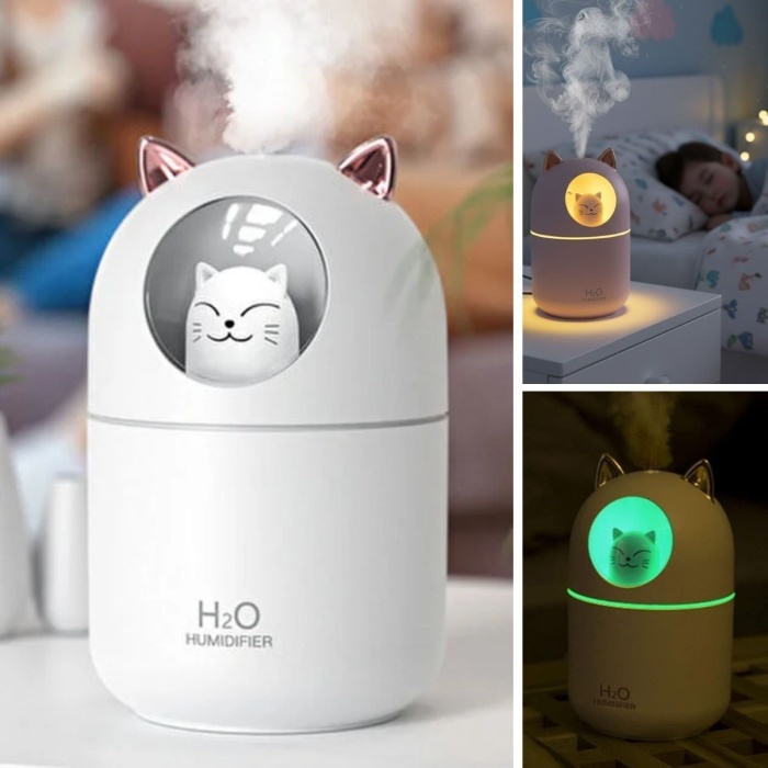 Kedicik Figürlü Hava Nemlendirici – Ultrasonik Soğuk Buhar Makinesi, LED Işıklı Masaüstü Oda Nemlendirici (5343)