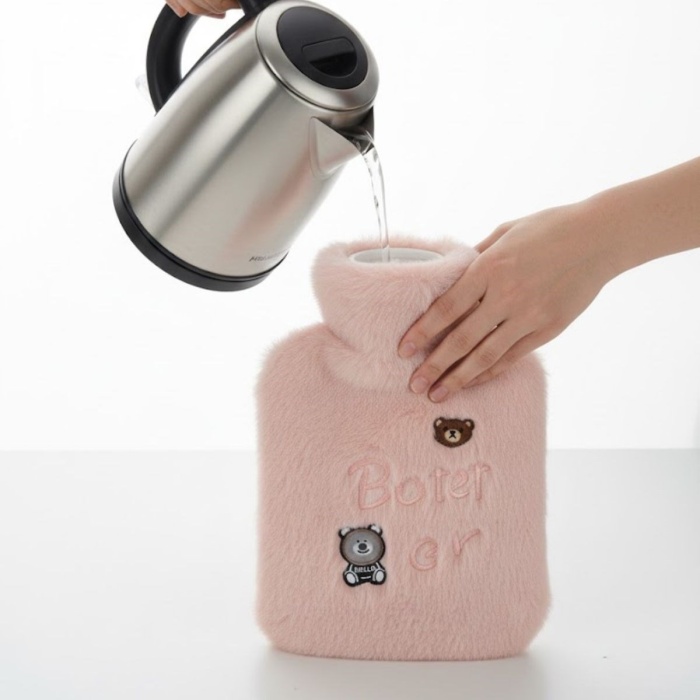 Işıklı Ayıcıklı Figürlü Pembe Peluş Sıcak Su Torbası 1 Lt – Yumuşak Kılıf, Uzun Süre Sıcak Tutan Termal Su Torbası (5343)