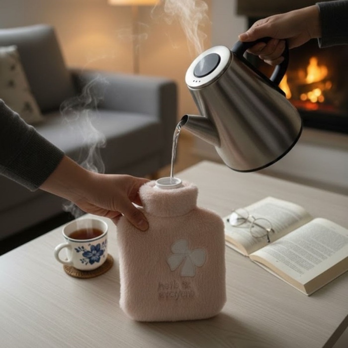 Hello Everyone Yazılı Kurdeleli Pembe Peluş Sıcak Su Torbası 1 Lt – Yumuşak Kılıf, Uzun Süre Sıcak Tutan Termal Su Torbası (5343)