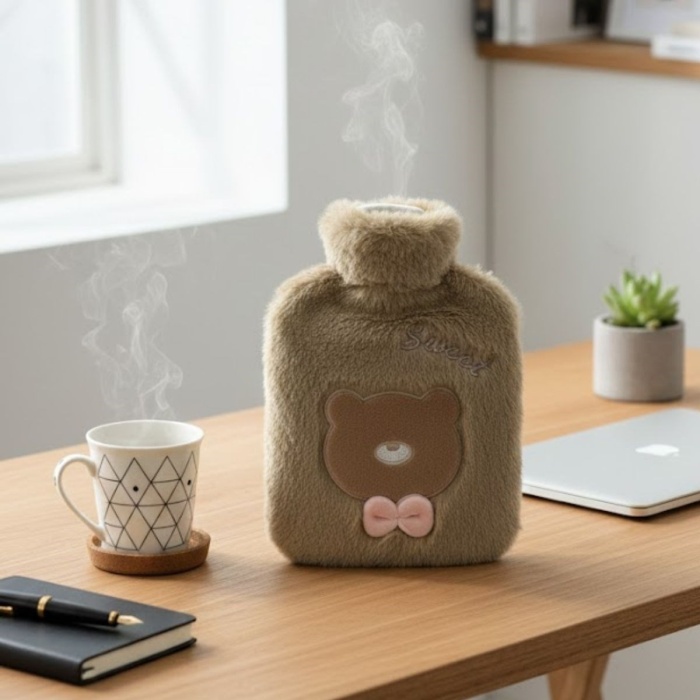 Papyonlu Ayıcıklı Kahverengi Figürlü Peluş Sıcak Su Torbası 1 Lt – Yumuşak Kılıf, Uzun Süre Sıcak Tutan Termal Su Torbası (5343)