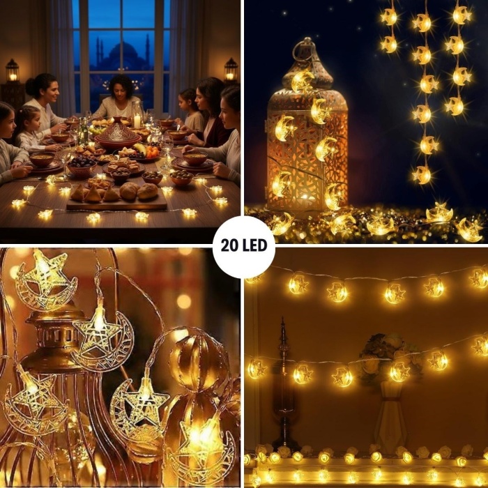 Hilal ve Yıldız Şekilli 3.5 Metre USB LED Işık – 20 LED’li Dekoratif Ramazan Dekorasyonu ve Ortam Aydınlatması (5343)