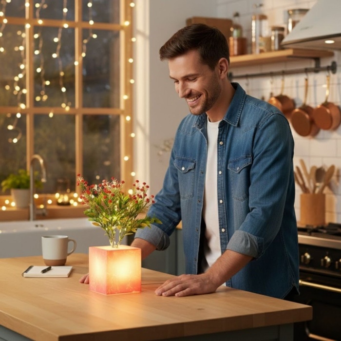 Işıklı Yapay Çiçek – Pembe Saksılı LED Dekoratif Bitki, Masaüstü ve Ev Ofis Aydınlatmalı Süs Bitkisi (5343)