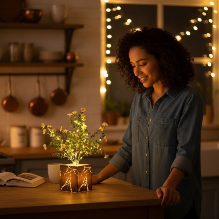 Işıklı Yapay Çiçek – Siyah Saksılı LED Dekoratif Bitki, Masaüstü ve Ev Ofis Aydınlatmalı Süs Bitkisi (5343)