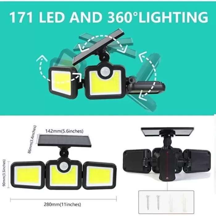 Üçlü Solar Led Projektör – Beyaz Işık – Sensörlü Dış Mekân Aydınlatma (5343)