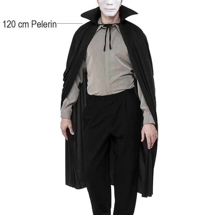 Siyah Renk Yakalı 120 cm Pelerin ve Beyaz Anonim Maske (5343)