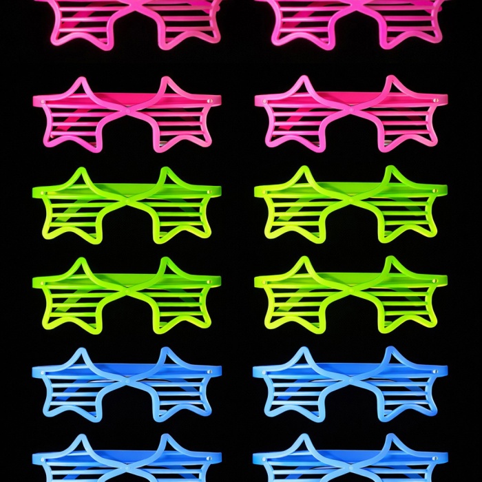 Retro Neon Fosforlu Yıldız Panjur Gözlük 12 Adet – 80’ler 90’lar Parti Stili (5343)