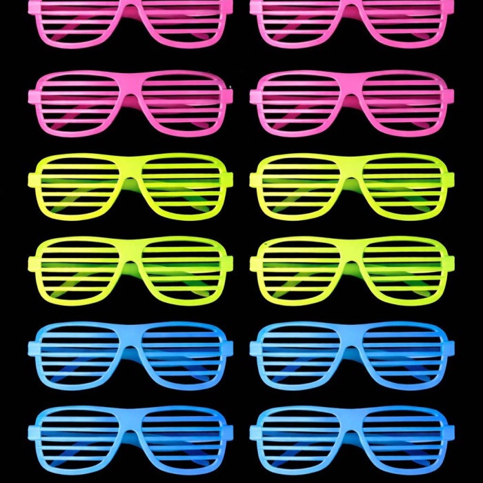 Retro Neon Fosforlu Panjur Gözlük 12 Adet – 80’ler 90’lar Parti Stili (5343)
