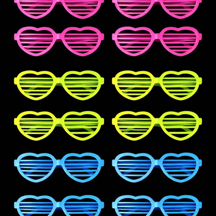 Retro Neon Fosforlu Kalp Panjur Gözlük 12 Adet – 80’ler 90’lar Parti Stili (5343)