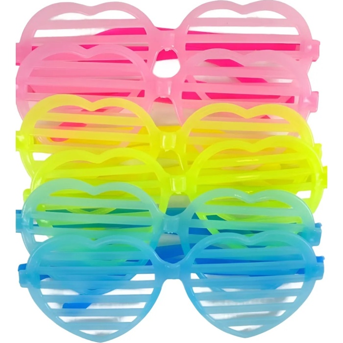 Retro Neon Fosforlu Kalp Panjur Gözlük 12 Adet – 80’ler 90’lar Parti Stili (5343)