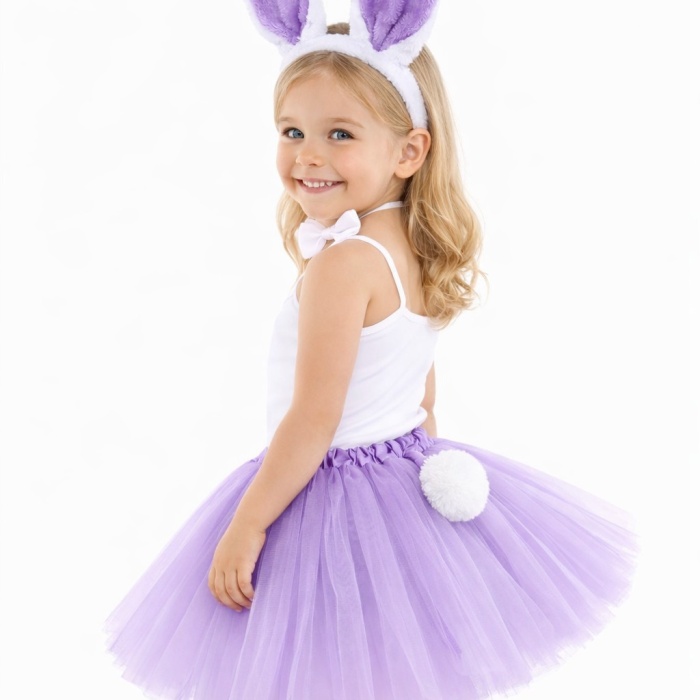 Lila Mor Tavşan Kostüm Seti Kız Çocuk – Tütü Etekli 4 Parça (5343)