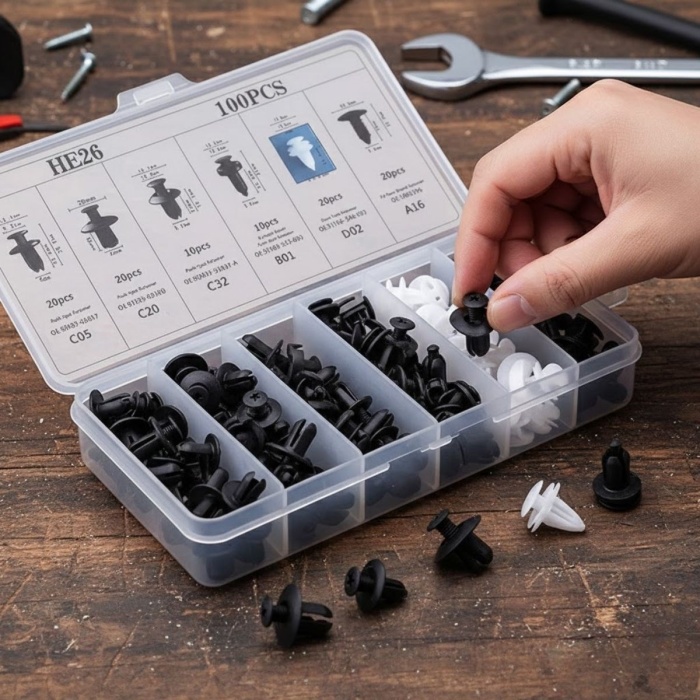 Plastik Bağlantı Elemanları Seti 100 Parça – Oto Kaplama Klipsi, Tampon ve Trim Sabitleme Perçinleri, Çok Amaçlı Klips Seti (5343)