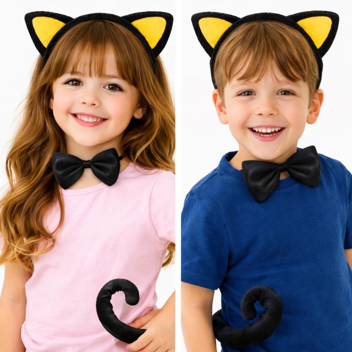 Sarı Kulaklı Kedi Kostüm Seti – Taç Papyon Kuyruk 3 Parça (5343)