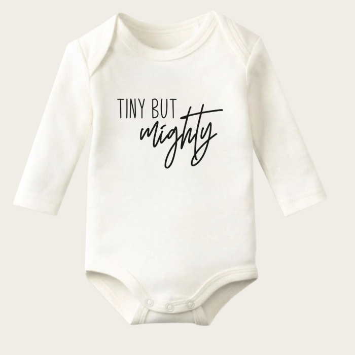 Tiny But Mightly Yazı Temalı Baskılı Pamuklu Uzun Kollu Çıtçıtlı Bebek Body Zıbın Atlet Tulum