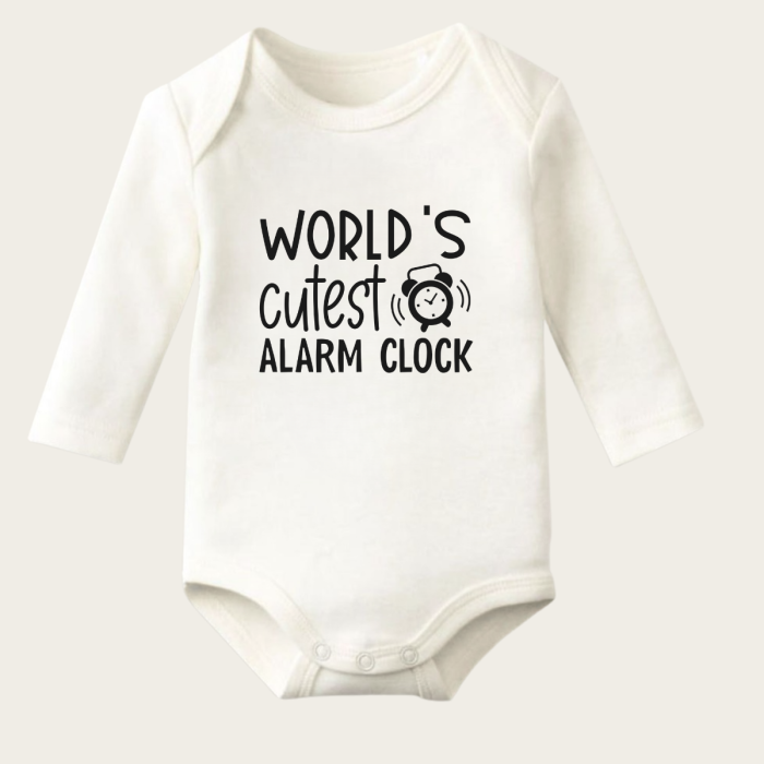 Worlds Cutest Alarm Clock Yazı Temalı Baskılı Pamuklu Uzun Kollu Çıtçıtlı Bebek Body Zıbın Atlet Tulum