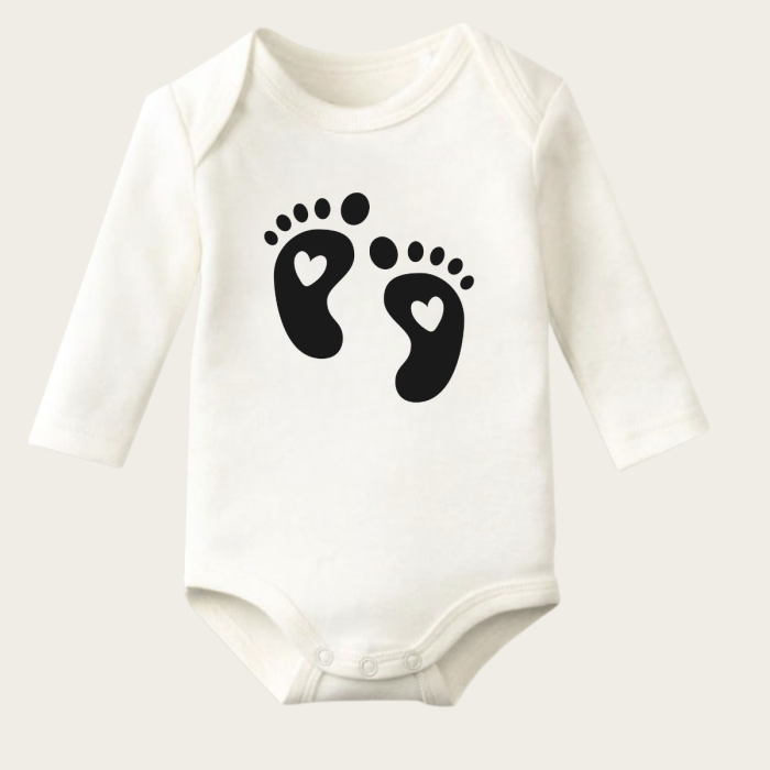 Minik Bebek Ayağı Temalı Baskılı Pamuklu Uzun Kollu Çıtçıtlı Bebek Body Zıbın Atlet Tulum