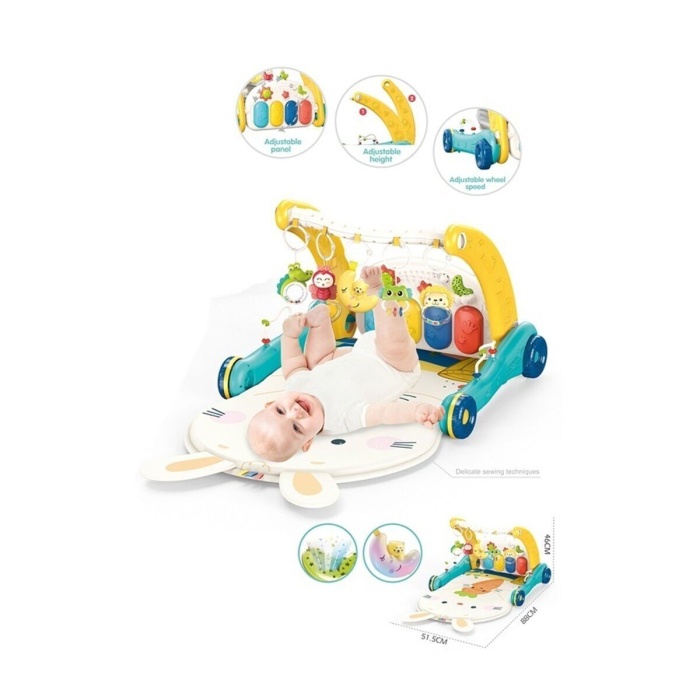 BIB6015 -Vardm Piyanolu 2 in 1 Bebek Yürüteci ve Tavşan Desenli Mavi Oyun Halısı