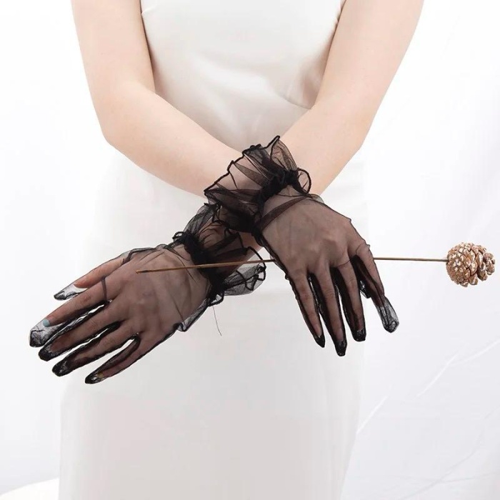 Kısa Boy Likralı Güpürlü Yetişkin Tül Eldiven Siyah Renk (5343)