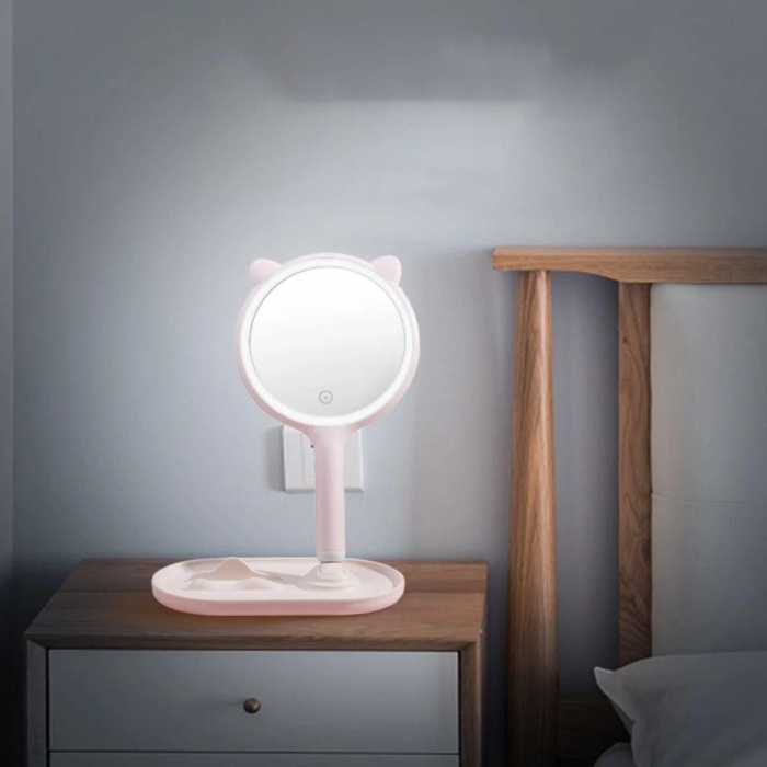 Kedi Kulaklı Telefon Standlı Yuvarlak Dokunmatik Led Ayarlı Masa Üstü Makyaj Aynası (5343)
