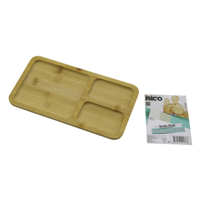 DİKDÖRTGEN 3 BÖLMELİ=2+1 AHŞAP BAMBU SERVİS SUNUM TEPSİ - TAHTASI 24.8 X 13.8 X 1.4CM (5343)
