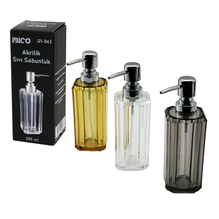 UZUN KARE TABAN -SEKİZGEN GÖVDE ŞEFFAF - RENKLİ AKRİLİK - MİKA KRİSTAL SIVI SABUNLUK 200ML (5343)