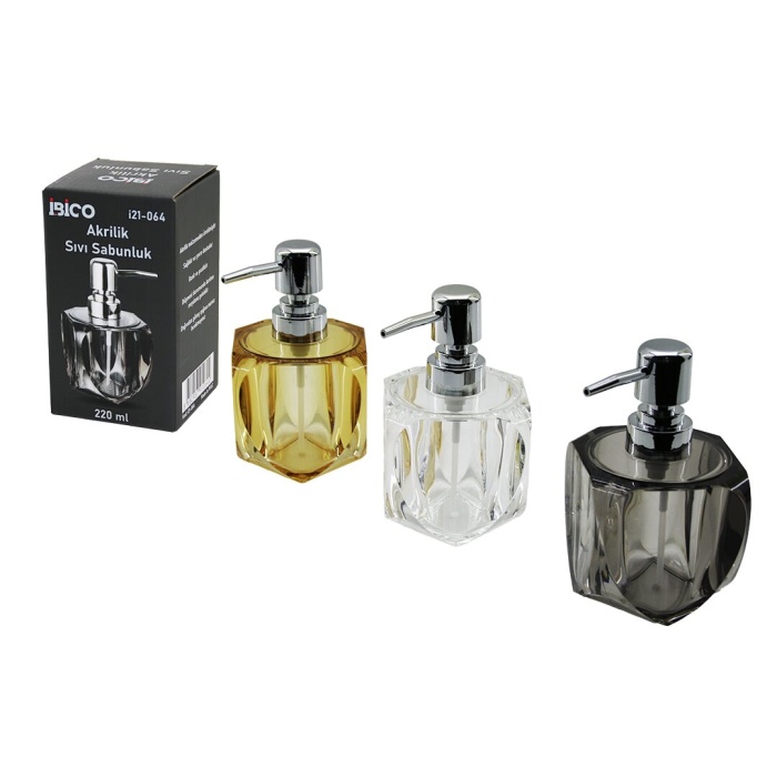 TOMBUL KARE - 4-KALPLİ GÖVDE  ŞEFFAF - RENKLİ   AKRİLİK - MİKA KRİSTAL  SIVI SABUNLUK  220ML (5343)