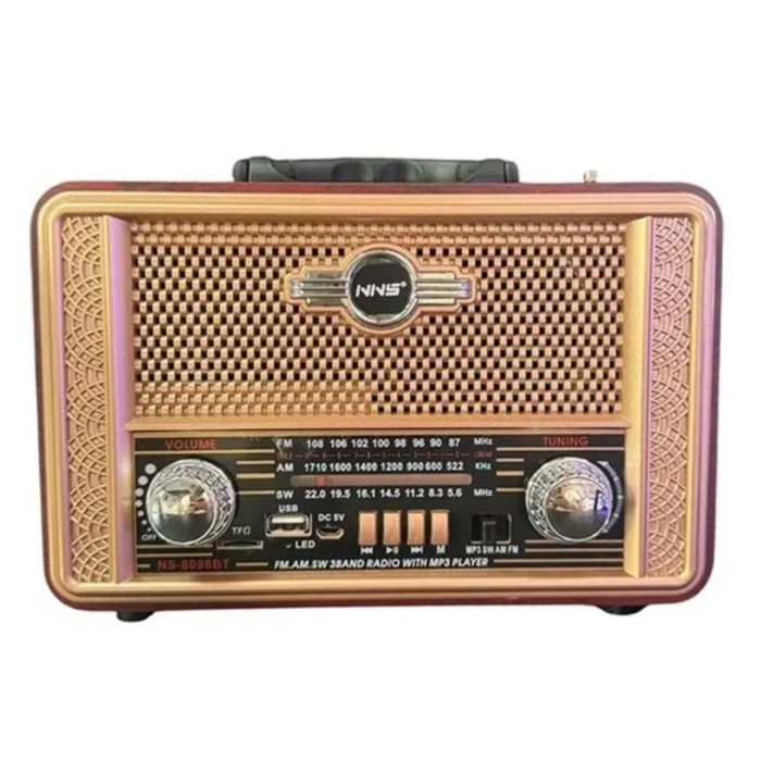 Retro, Nostaljik, Ahşap Tasarım Bluetooth Hoparlörlü, Şarjlı, Taşınabilir Otantik Tasarımlı FM/AM Destekli Radyo NS8098 (5343)