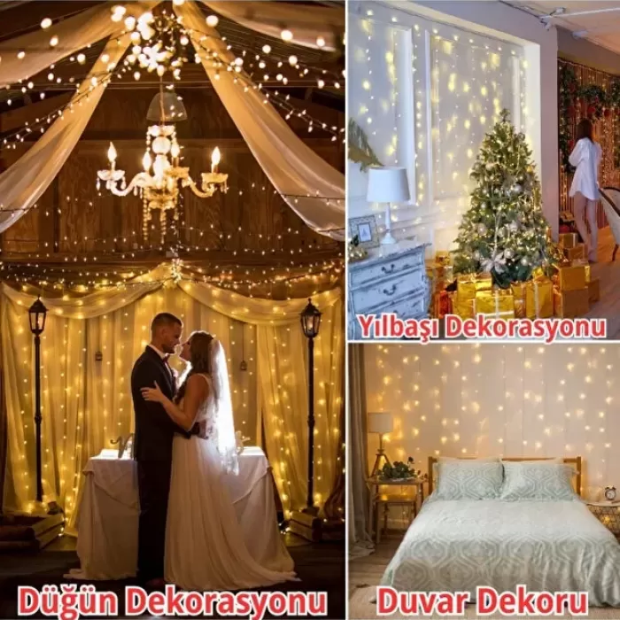 300 Ledli 10 Sarkıt Perde Led Işık-8 Fonksiyon, Uzaktan Kumandalı, 3x3 Metre (5343)