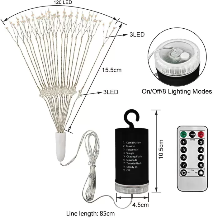 Fişli Asılı Havai Fişek Işıkları 120 LED Ampul Bakır Tel Şerit Işık (5343)