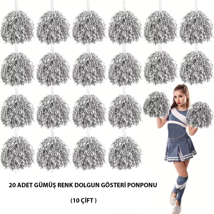 10 Çift ( 20 Adet ) Gümüş Renk 23 Nisan 19 Mayıs 29 Ekim Okul Gösteri Ponponları (5343)